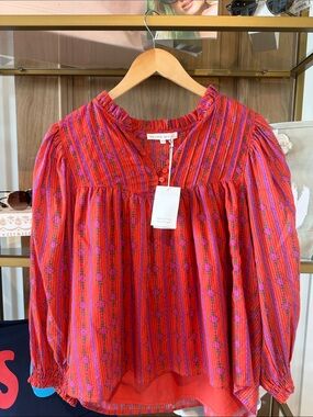 MELISSA NEPTON Red and Purple Floral Stripe Peasant Blouse